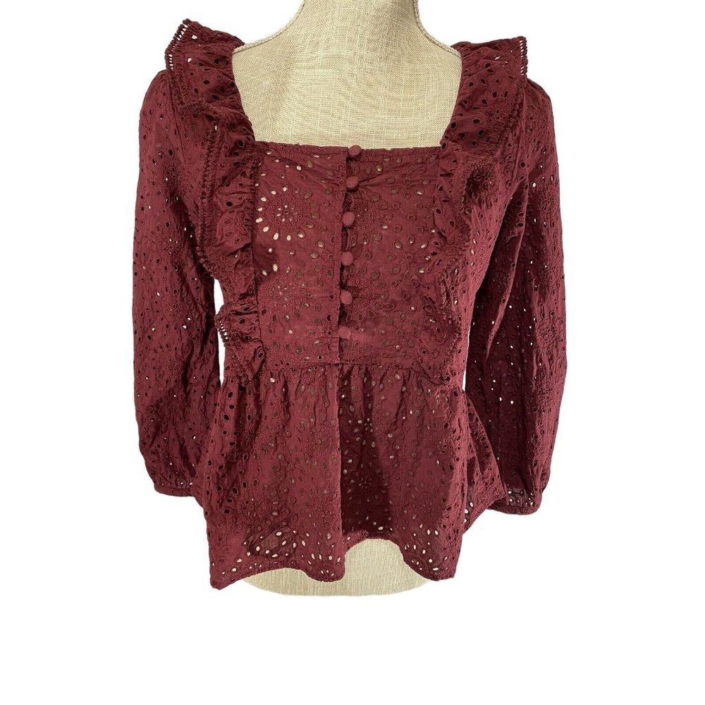 MADEWELL Eyelet POM-POM Top Ruffle Burgundy Peplum K0215 Womens Size XS